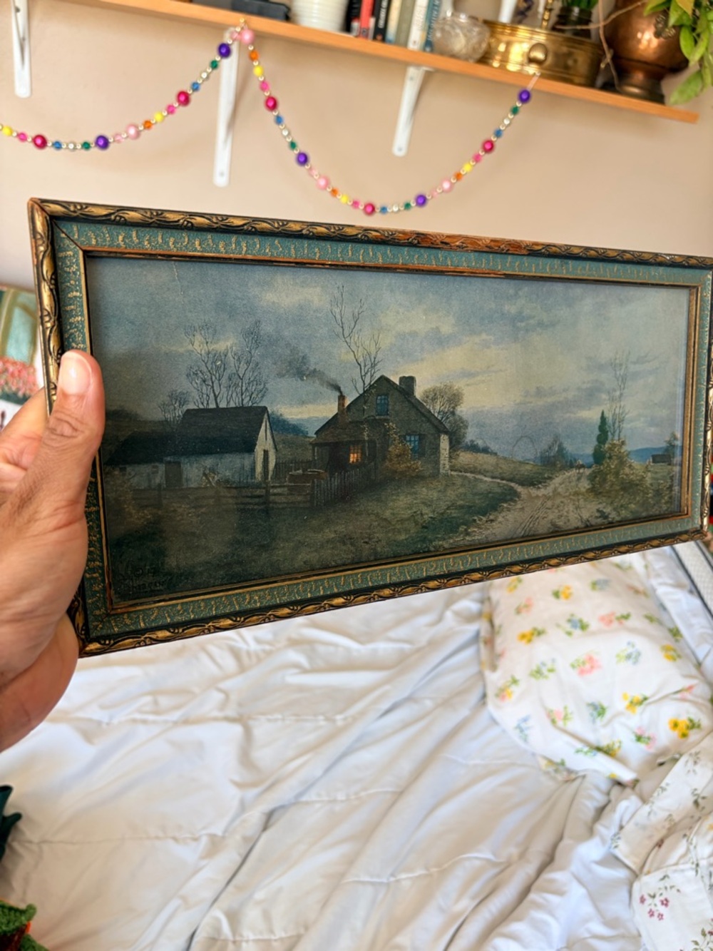 Vintage Framed Rural Landscape Art Print - Blue-Green Tones